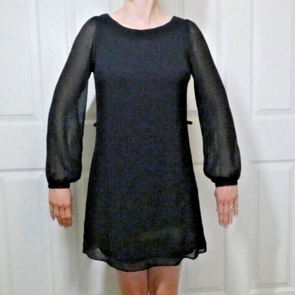 Atmosphere Prom Size 4 Black Chiffon Dress Long Puffy Sleeves Modest British - Picture 8 of 11